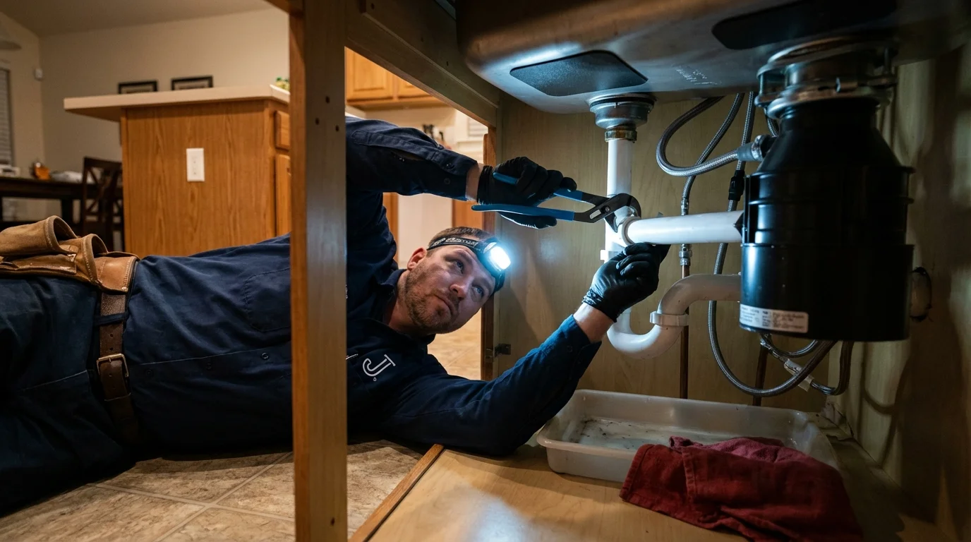 P-trap and supply line connections under a kitchen sink showing a common leak point in Santa Rosa, CA